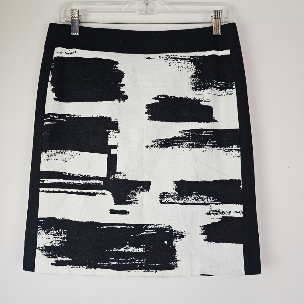 Ann Taylor Black White Abstract Brushstroke Pencil Skirt Size 6 Side Stripe